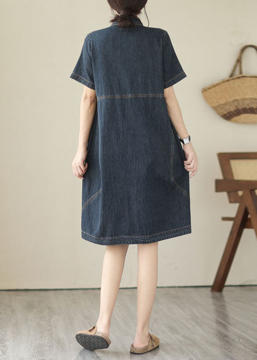 Italian Navy Peter Pan Collar Pockets Patchwork Denim Shirts Dress Summer