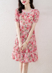 Italian O-Neck Print Wrinkled Silk Mid Dresses Short Sleeve