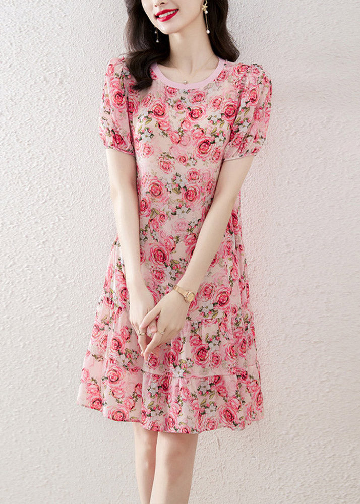 Italian O-Neck Print Wrinkled Silk Mid Dresses Short Sleeve