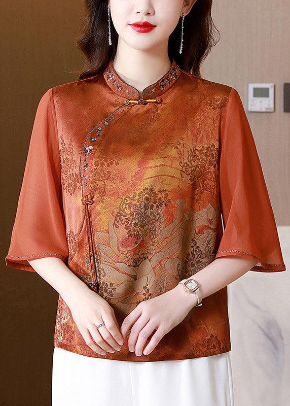 Italian Orange Embroideried Button Silk Shirt Half Sleeve