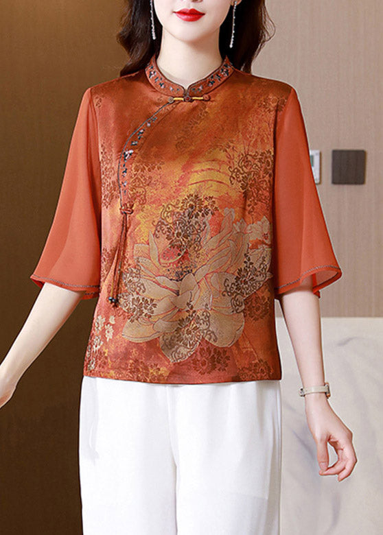 Italian Orange Embroideried Button Silk Shirt Half Sleeve