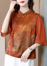 Italian Orange Embroideried Button Silk Shirt Half Sleeve