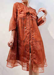 Italian Orange O Neck Embroideried Patchwork Tulle Coats Summer