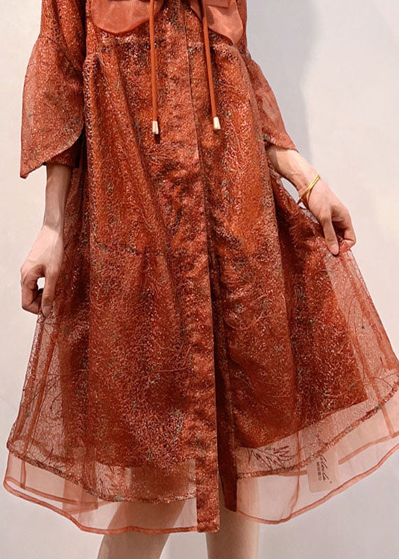 Italian Orange O Neck Embroideried Patchwork Tulle Coats Summer