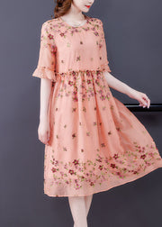 Italian Orange O-Neck Embroideried Ruffled Silk Vacation Dresses Summer