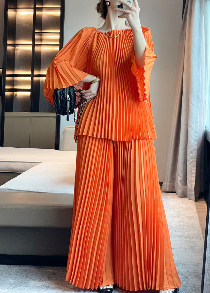 Italian Orange O-Neck Wrinkled Top And Wide Leg Pants Two Piece Set Long Sleeve