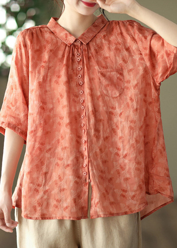 Italian Orange Peter Pan Collar Print Button Linen Shirt Half Sleeve