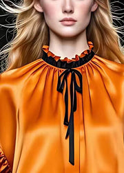 Italian Orange Ruffled Lace Up Silk Shirt Long Sleeve