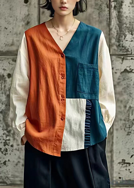 Italian Orange Wrinkled Patchwork Pockets Tops Long Sleeve