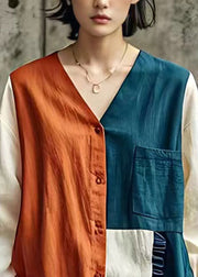 Italian Orange Wrinkled Patchwork Pockets Tops Long Sleeve