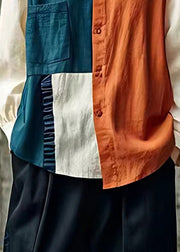 Italian Orange Wrinkled Patchwork Pockets Tops Long Sleeve