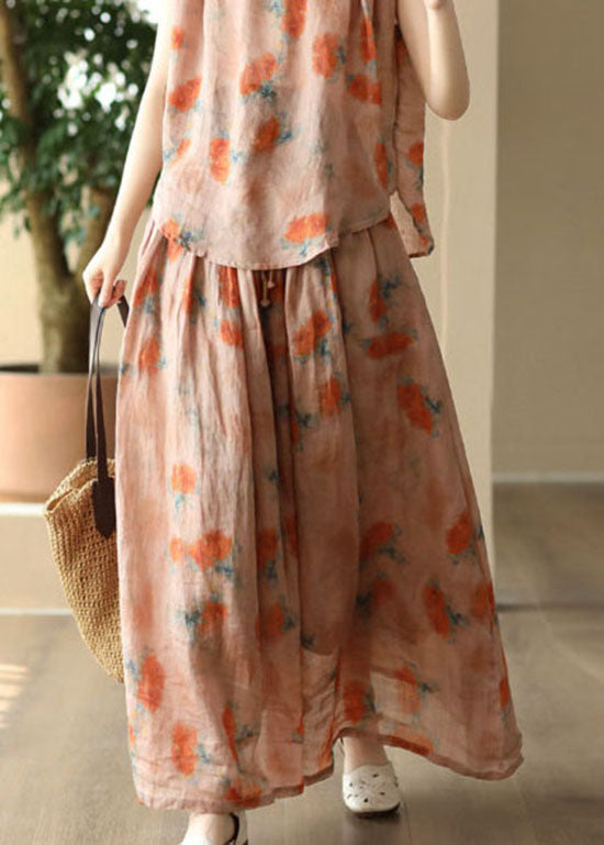 Italian Orange Wrinkled Print Patchwork Linen Skirt Summer