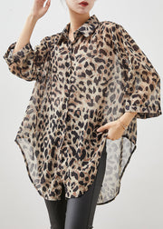 Italian Oversized Leopard Print Chiffon Blouse Top Bracelet Sleeve