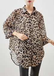 Italian Oversized Leopard Print Chiffon Blouse Top Bracelet Sleeve