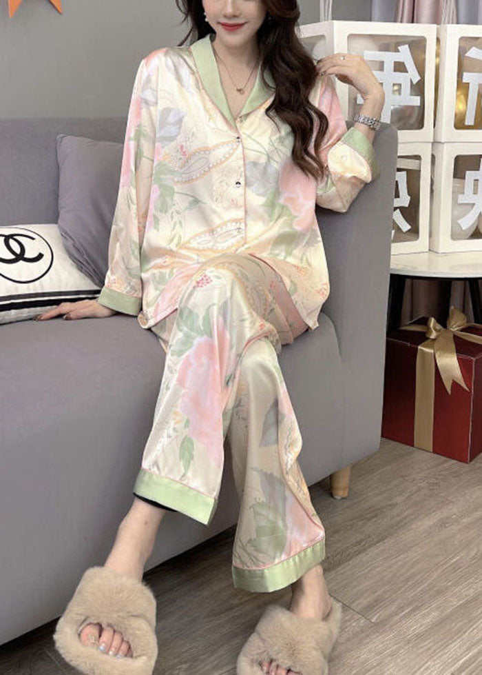 Italian Oversized Patchwork Print Ice Silk Pajamas Two Pieces Set Spring