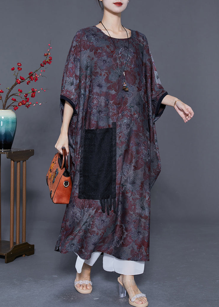 Italian Oversized Patchwork Tassel Silk Maxi Dresses Batwing Sleeve