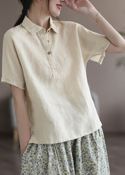 Italian Pink Peter Pan Collar Patchwork Button Solid Linen Top Short Sleeve