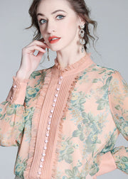 Italian Pink Ruffled Print Patchwork Silk Shirts Spring