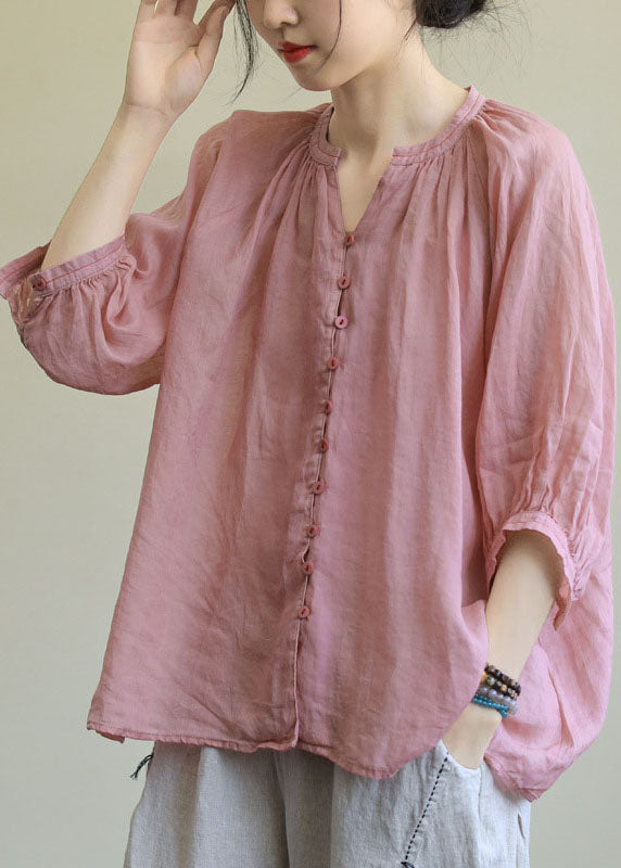 Italian Pink-orange flower V Neck Button Loose Fall Half Sleeve Blouse Top