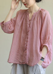 Italian Pink-purple flower V Neck Button Loose Fall Half Sleeve Blouse Top