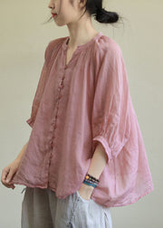 Italian Pink-purple flower V Neck Button Loose Fall Half Sleeve Blouse Top