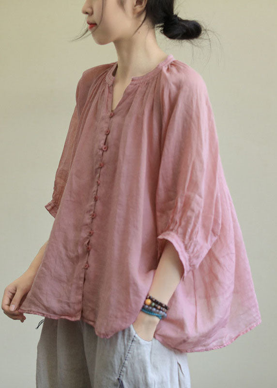 Italian Pink-rose flower V Neck Button Loose Fall Half Sleeve Blouse Top