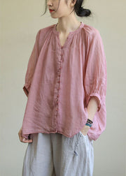 Italian Pink-purple flower V Neck Button Loose Fall Half Sleeve Blouse Top