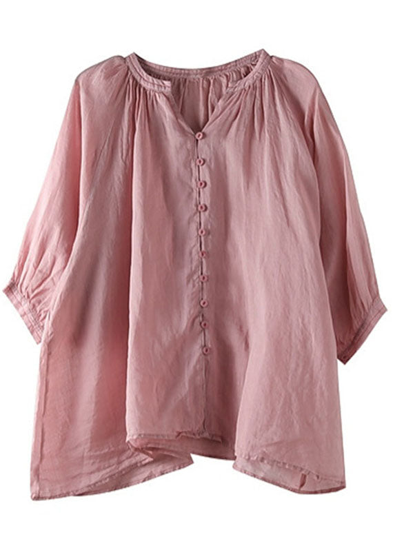 Italian Pink-purple flower V Neck Button Loose Fall Half Sleeve Blouse Top