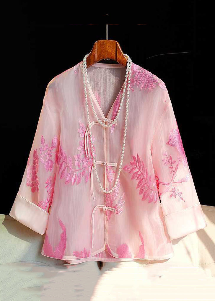 Italian Pink V Neck Embroideried Button Tulle Shirt Spring