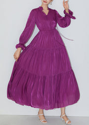 Italian Purple Ruffled Elastic Waist Silk Long Dresses Butterfly Sleeve