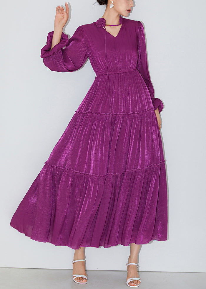 Italian Purple Ruffled Elastic Waist Silk Long Dresses Butterfly Sleeve