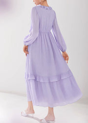 Italian Purple Ruffled Elastic Waist Silk Long Dresses Fall