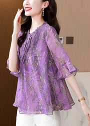 Italian Purple Ruffled Print Chiffon Blouses Summer