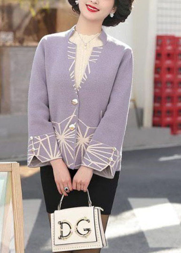 Italian Purple V Neck Print Knit Loose Cardigan Long Sleeve