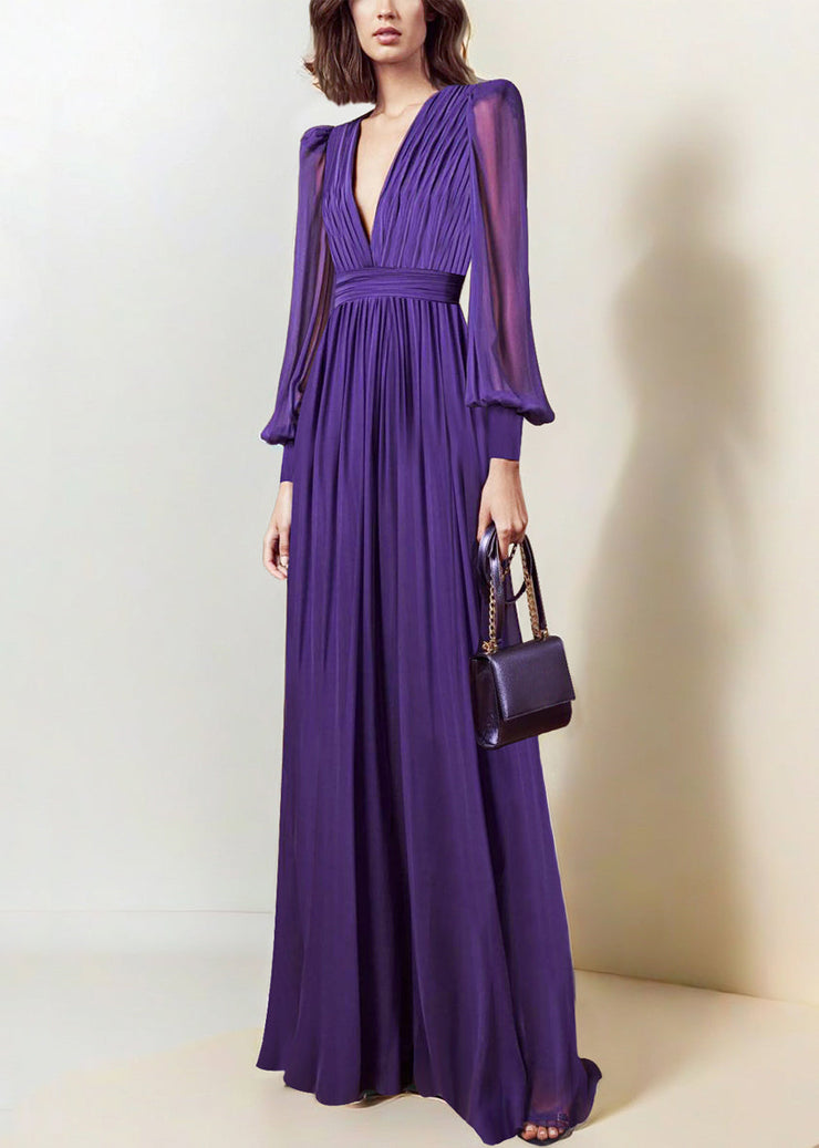 Italian Purple V Neck Wrinkled Chiffon Maxi Dresses Fall