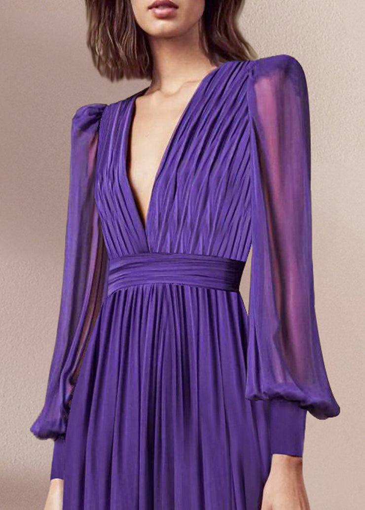 Italian Purple V Neck Wrinkled Chiffon Maxi Dresses Fall