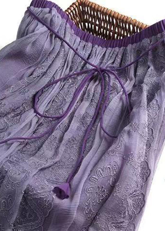 Italian Purple Wrinkled Embroideried Lace Up Silk Skirts Spring