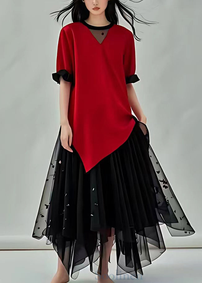 Italian Red Asymmetrical Tulle Patchwork Long Dresses Butterfly Sleeve