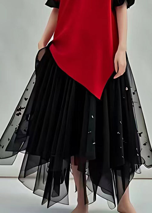 Italian Red Asymmetrical Tulle Patchwork Long Dresses Butterfly Sleeve