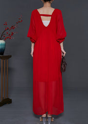 Italian Red Backless Chiffon Vestidos Long Dress Batwing Sleeve