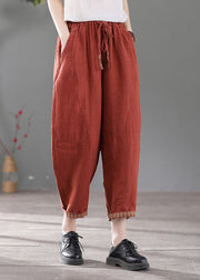 Italian Red Elastic Waist Pockets Patchwork Linen Crop Pants Fall