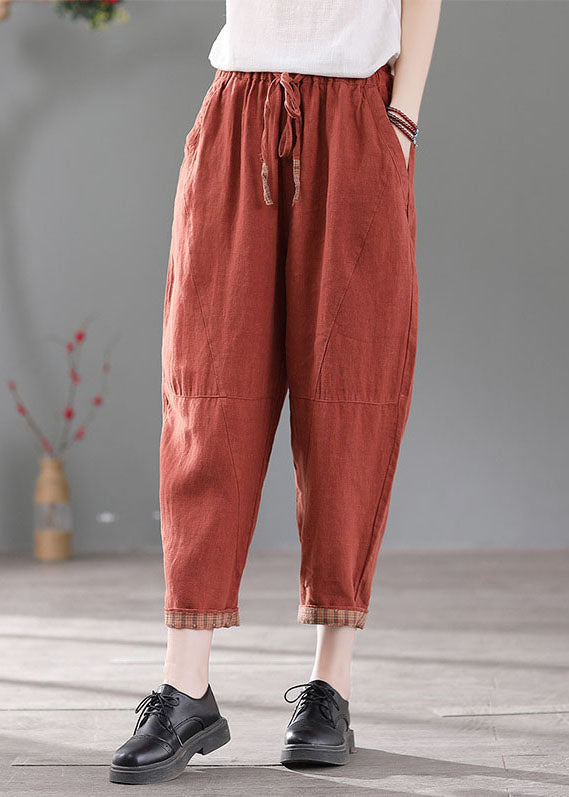 Italian Red Elastic Waist Pockets Patchwork Linen Crop Pants Fall