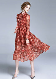 Italian Red Embroideried Bow Ruffled Patchwork Chiffon Dresses Long Sleeve