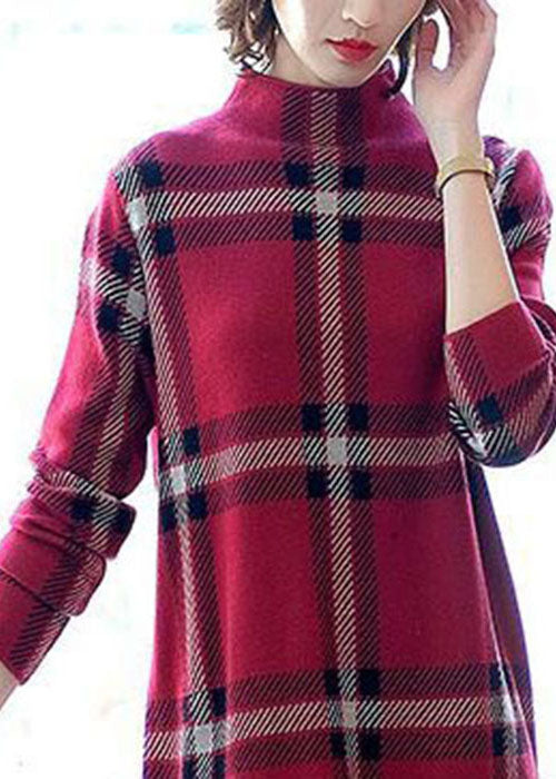 Italian Red High Neck Plaid Cashmere Knit Sweater Dress Long Sleeve