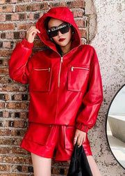 Italian Red Hooded Patchwork Faux Leather Two Piece Set Clothing Fall