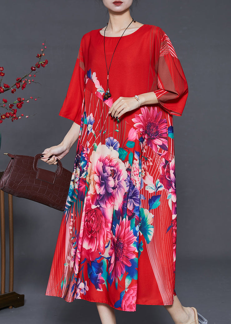 Italian Red Oversized Floral Silk Dresses Summer