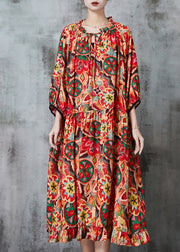 Italian Red Oversized Print Cotton Dress Batwing Sleeve