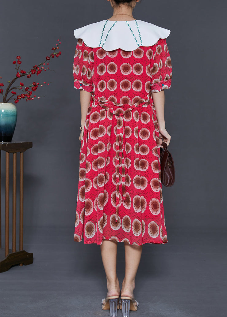 Italian Red Peter Pan Collar Print Chiffon Dress Summer