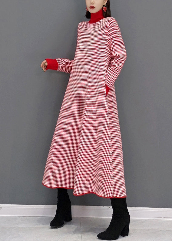 Italian Red Plaid Hign Neck Patchwork Knit Long Dresses Fall