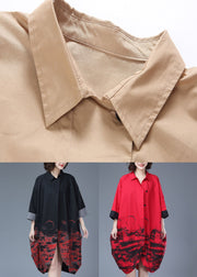 Italian Red Print Button Pockets Patchwork Cotton Long Trench Coat Fall